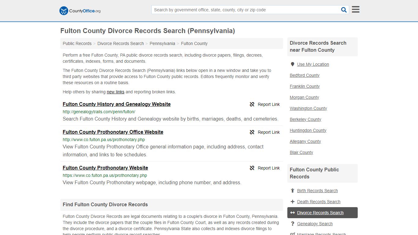 Fulton County Divorce Records Search (Pennsylvania) - County Office